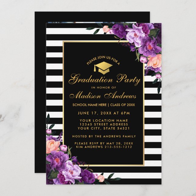 Purple Gold Striped Graduation Invite - Photo Back (Front/Back)