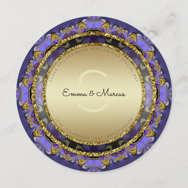 Purple Gold Stylish Glam Round Menu Cards (Back)