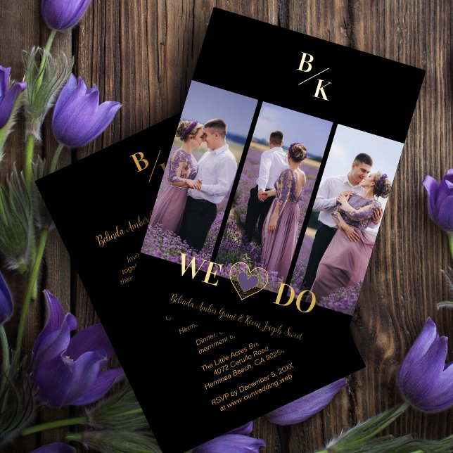 Purple & Gold Stylish Lace Vertical 3 Multi Photos (Stylish Wedding Invitation: Vertical Collage of 3 Photos and Modern Heart in Purple.)