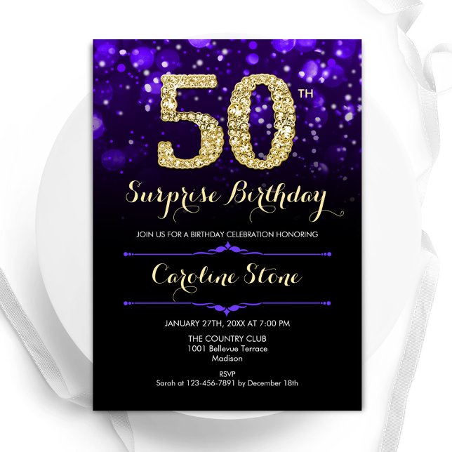 Purple Gold Surprise 50th Birthday Invitation (Creator Uploaded)