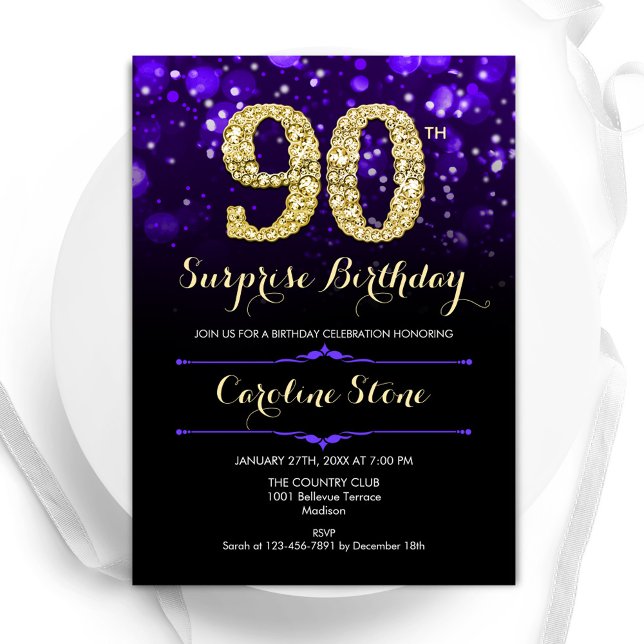Purple Gold Surprise 90th Birthday Invitation (Creator Uploaded)