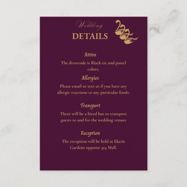 Purple & Gold Swan Crest Wedding Enclosure Card (Front)