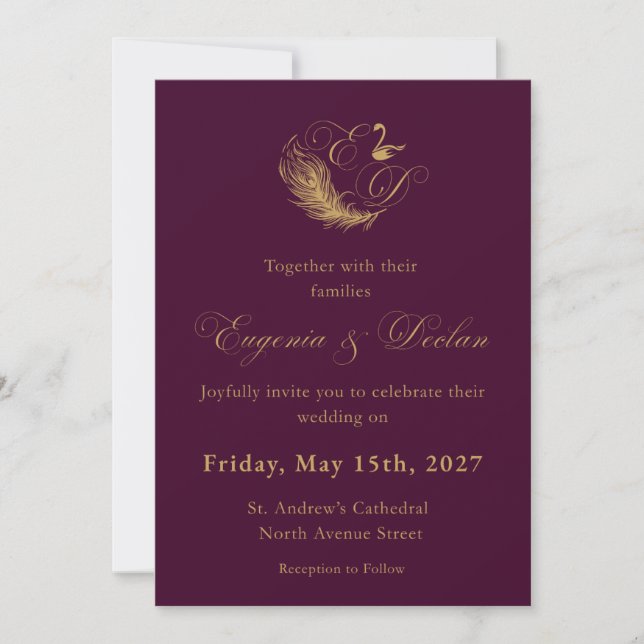  Purple & Gold Swan Crest Wedding Invitation (Front)