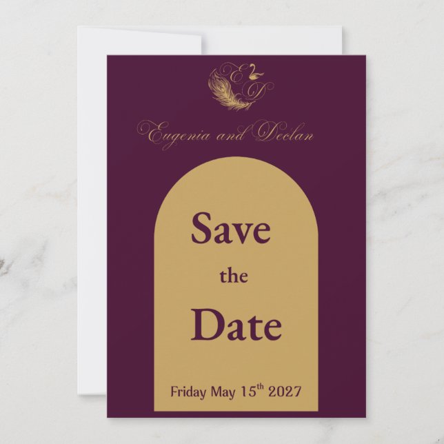 Purple & Gold Swan Crest Wedding Save the  Date (Front)