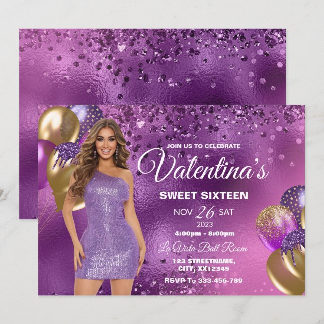 Purple & Gold Sweet 16 Girl Birthday Invitation (Front/Back)
