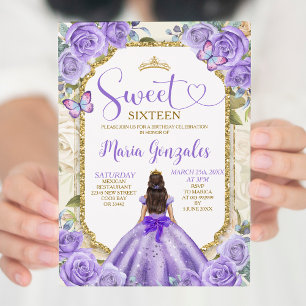 Purple Gold Sweet 16th Birthday Princess Party  Invitation