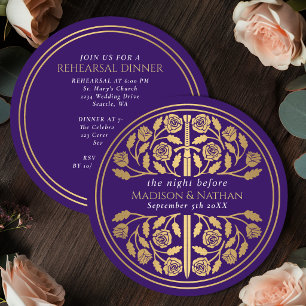Purple Gold Sword Royal Wedding Rehearsal Invitation