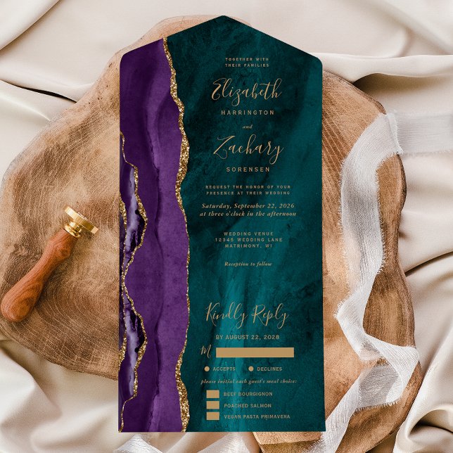 Purple Gold Teal Agate Meal Options Wedding All In One Invitation (Creator Uploaded)