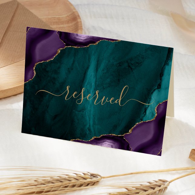 Purple Gold Teal Agate Reserved Wedding Place Card (Creator Uploaded)