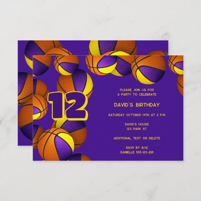 purple gold team colours basketballs birthday invitation (Front/Back)
