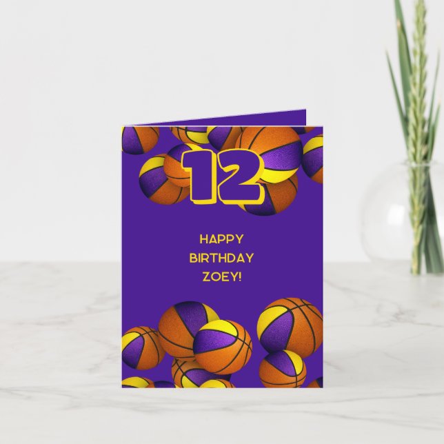 purple gold team colours basketballs kids birthday card (Front)