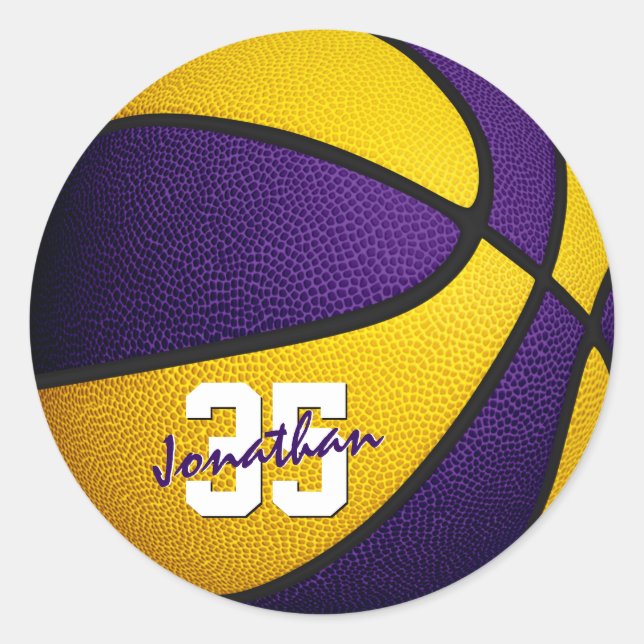 purple gold team colours boys girls basketball classic round sticker (Front)