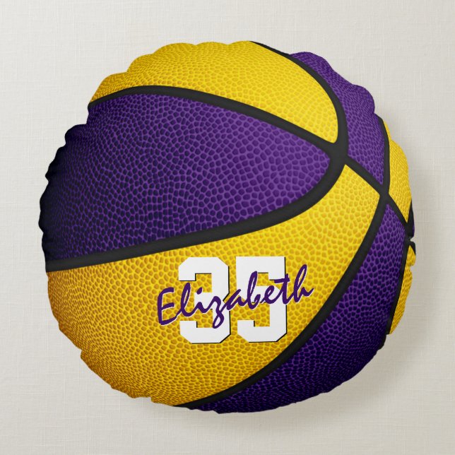 purple gold team colours girl boy basketball decor round cushion (Front)