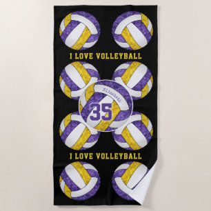 purple gold team colours I love volleyball girly Beach Towel