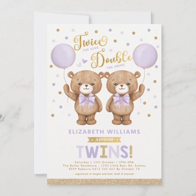 Purple Gold Teddy Bear Balloon Twin Baby Shower Invitation (Front)