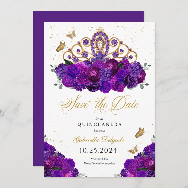 Purple & Gold Tiara Save The Date Quinceañera Invitation (Front/Back)
