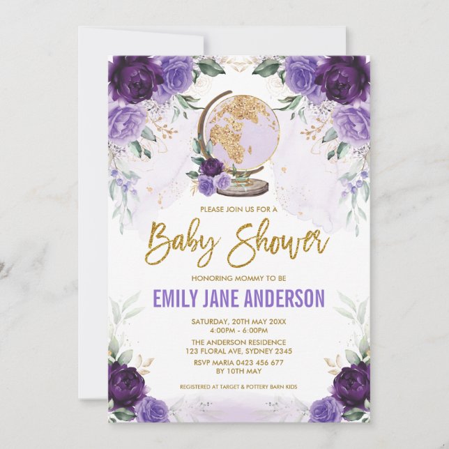 Purple Gold Travel Baby Shower Floral Adventure Invitation (Front)
