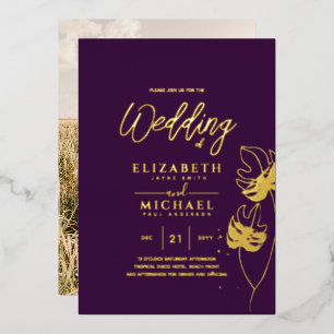 Purple Gold Tropical Leaf Destination Wedding