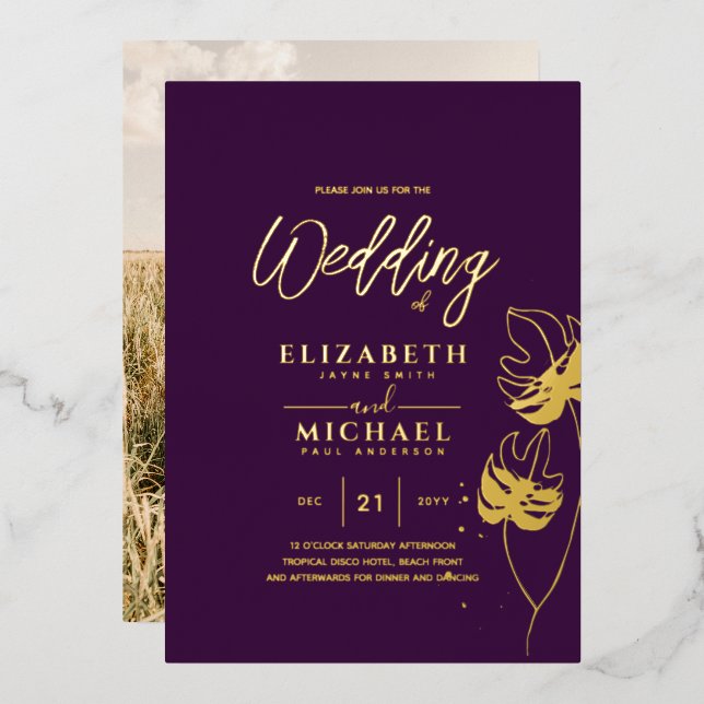 Purple Gold Tropical Leaf Destination Wedding (Front/Back)