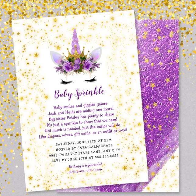 Purple Gold Unicorn Baby Sprinkle Invitation (Creator Uploaded)