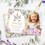 Purple Gold Unicorn Birthday Photo Thank You Card<br><div class="desc">Purple Gold Unicorn Birthday Photo Thank You Card</div>