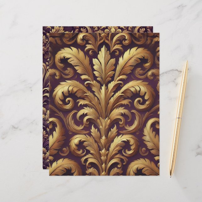 Purple & Gold Victorian Acanthus Scrapbook Paper (Front/Back In Situ)