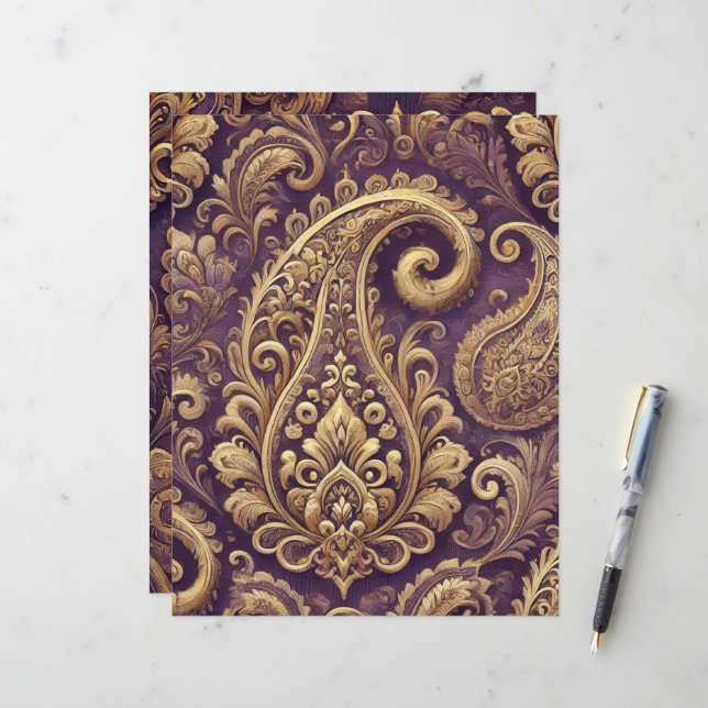 Purple & Gold Victorian Paisley Scrapbook Paper (Front/Back In Situ)