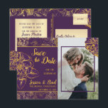 Purple | Gold Vintage Floral Photo Save the Date Announcement Postcard<br><div class="desc">Step back in time but with modern flair with this vintage purple and gold foil look wedding "Save the Date" photo postcard design featuring layerings of vintage florals and your choice of black and white or colour photos on front with a coordinating design on back for your details. Composite design...</div>