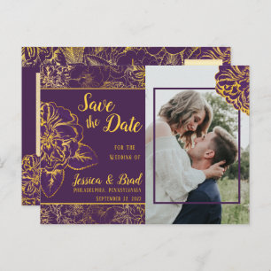 Purple   Gold Vintage Floral Photo Save the Date Announcement Postcard