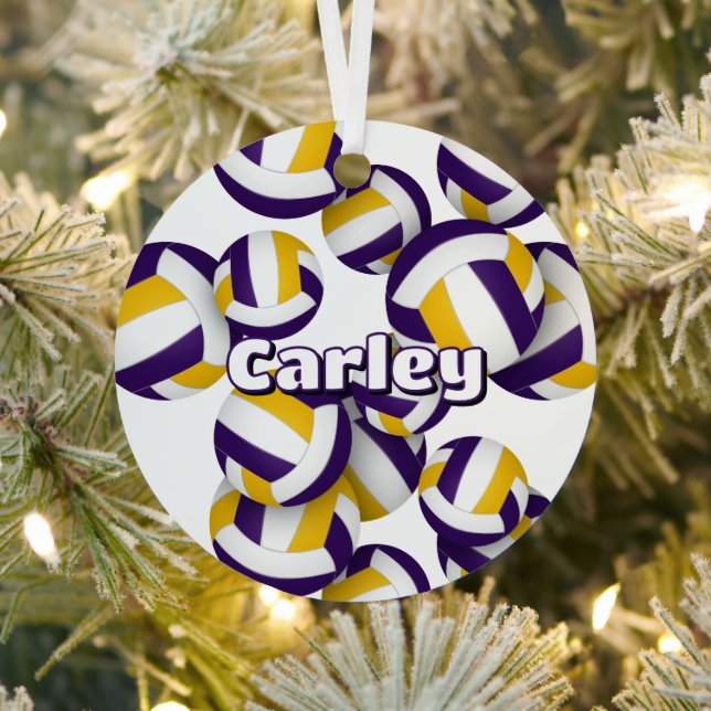 purple gold volleyballs with athlete name keepsake metal tree decoration (Insitu)
