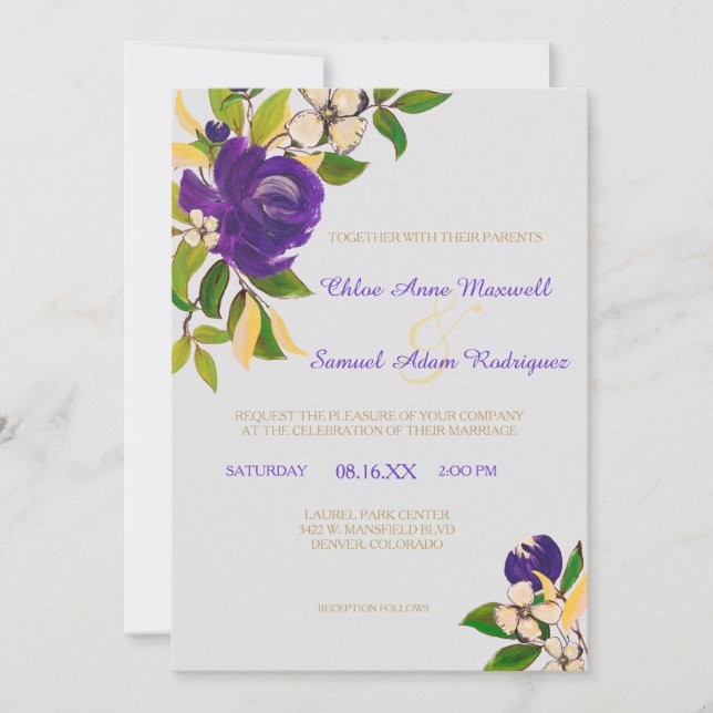 Purple Gold Watercolor Bouquet Wedding Invitation (Front)