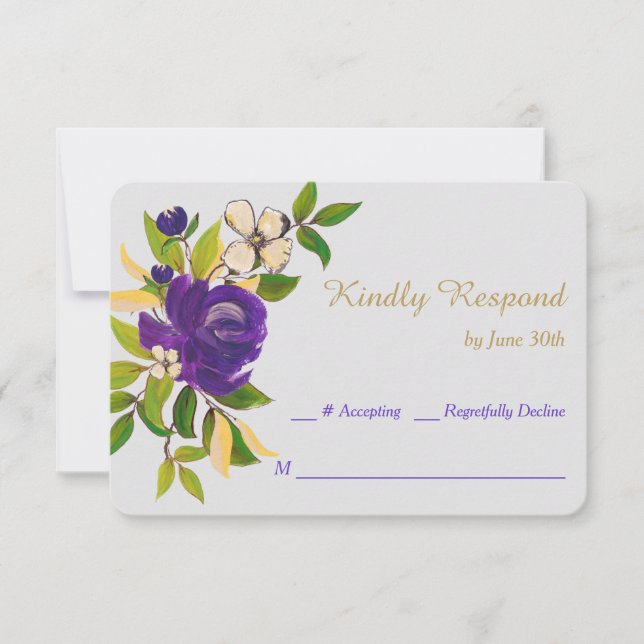 Purple Gold Watercolor Bouquet Wedding RSVP Card (Front)