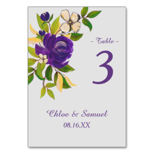Purple Gold Watercolor Bouquet Wedding Table Number