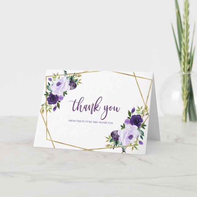 Purple Gold Watercolor Bridal Shower Thank You Card (Front)