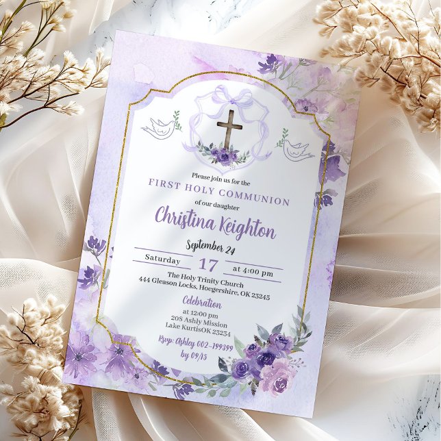 Purple Gold Watercolor Crest First Communion Invitation (Creator Uploaded)