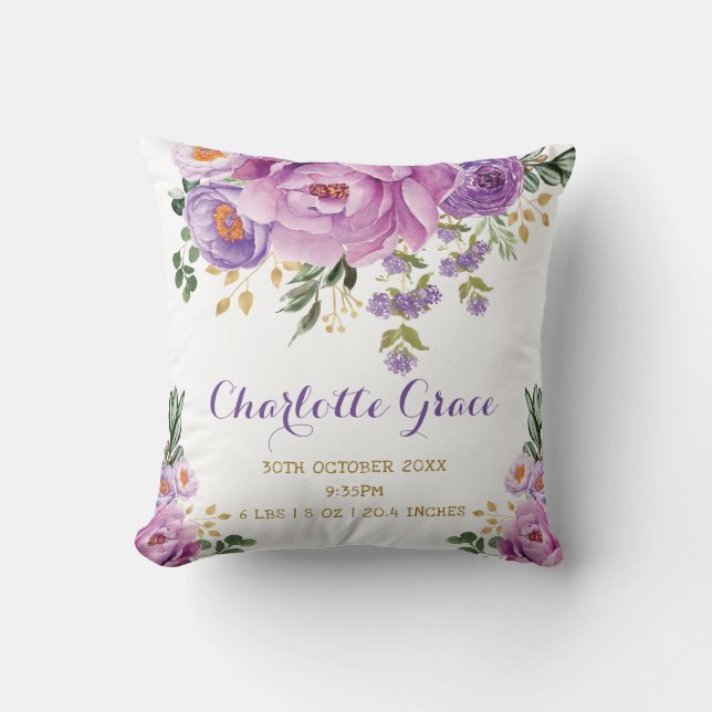 Purple Gold Watercolor Floral Birth Stats Nursery Cushion (Front)