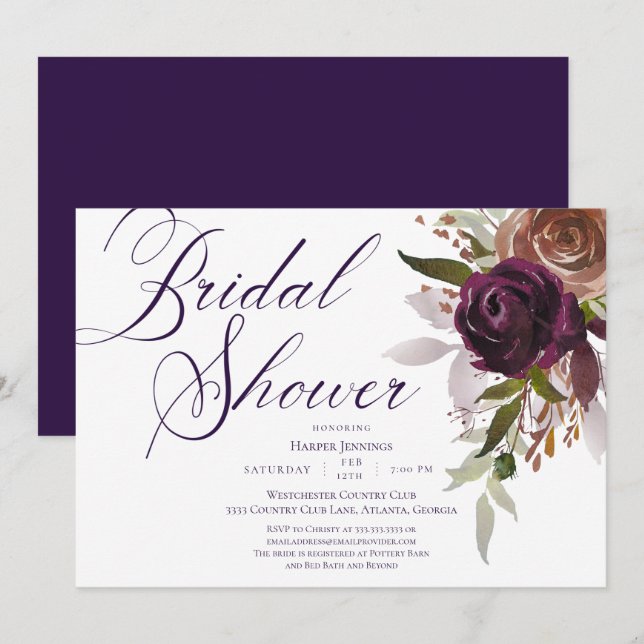 Purple Gold Watercolor Floral Bridal Shower Invitation (Front/Back)