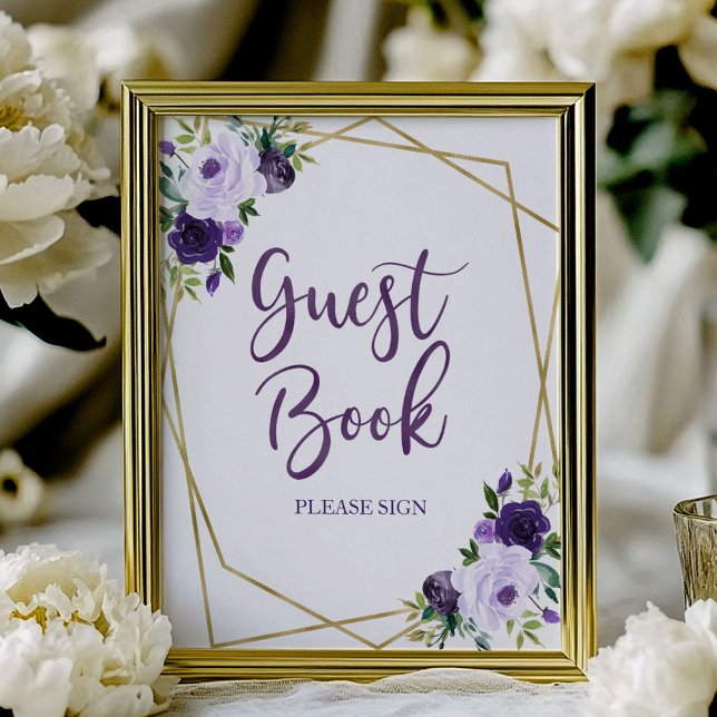 Purple Gold Watercolor Floral Guest Book Sign (Creator Uploaded)