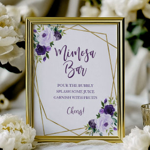 Purple Gold Watercolor Floral Mimosa Bar Sign