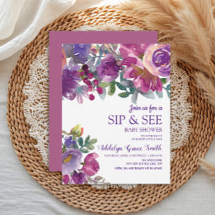 Purple Gold Watercolor Floral Sip See Baby Shower Invitation
