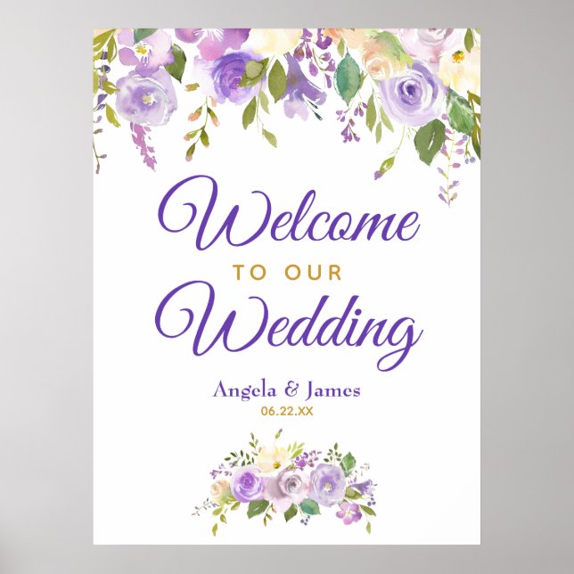 Purple Gold Watercolor Floral Wedding Welcome Poster (Front)