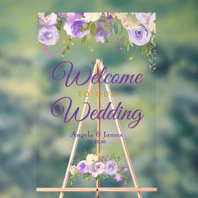 Purple Gold Watercolor Floral Welcome Wedding Acrylic Sign (Neutral)