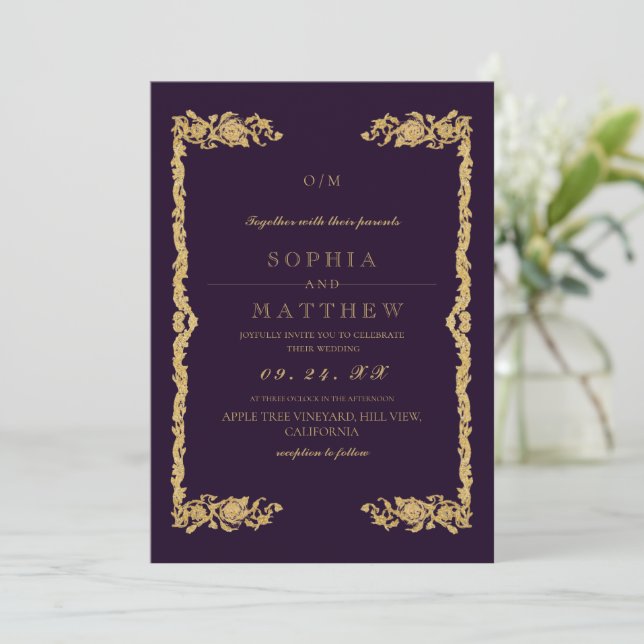  Purple Gold Wedding Photo Invitation (Standing Front)