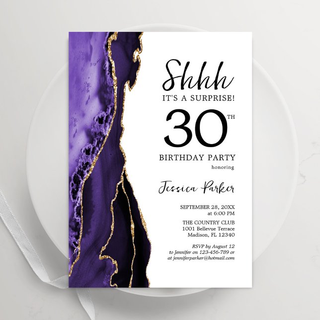 Purple Gold White Agate Surprise 30th Birthday Invitation (Creator Uploaded)