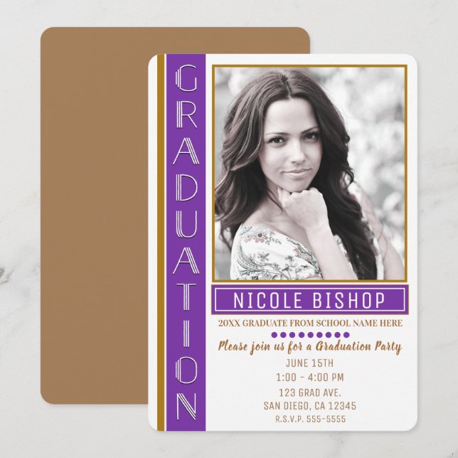 Purple Gold White Graduation Party Graduate Photo Invitation (Front/Back)