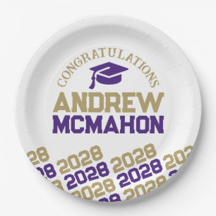 Purple & Gold White Half Repeat Grad Personalized Paper Plate
