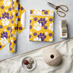 Purple, Gold & White Pawprint  Wrapping Paper