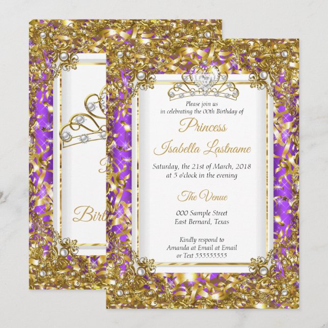 Purple Gold White Pearl Tiara Birthday Party Invitation (Front/Back)