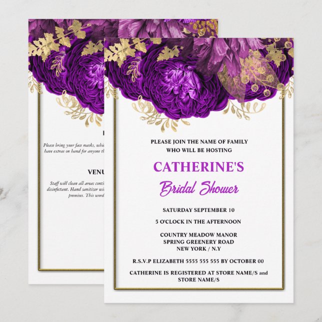Purple gold white rose watercolor bridal shower invitation (Front/Back)