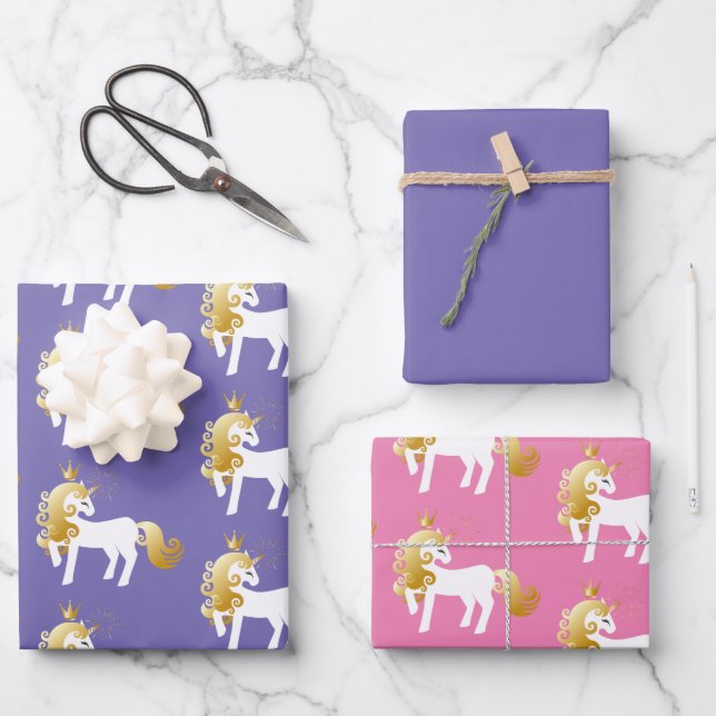 Purple Gold White Unicorn Birthday Wrapping Paper Sheet (Front)